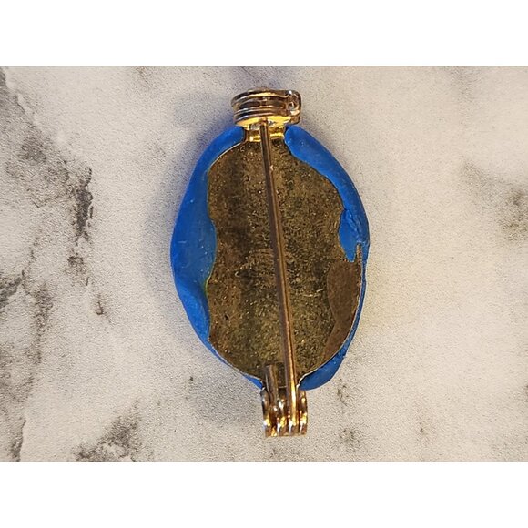 Vintage Blue and Yellow Star Moon Brooch Gold Tone Accents, Celestial Themed Pin - Picture 2 of 3